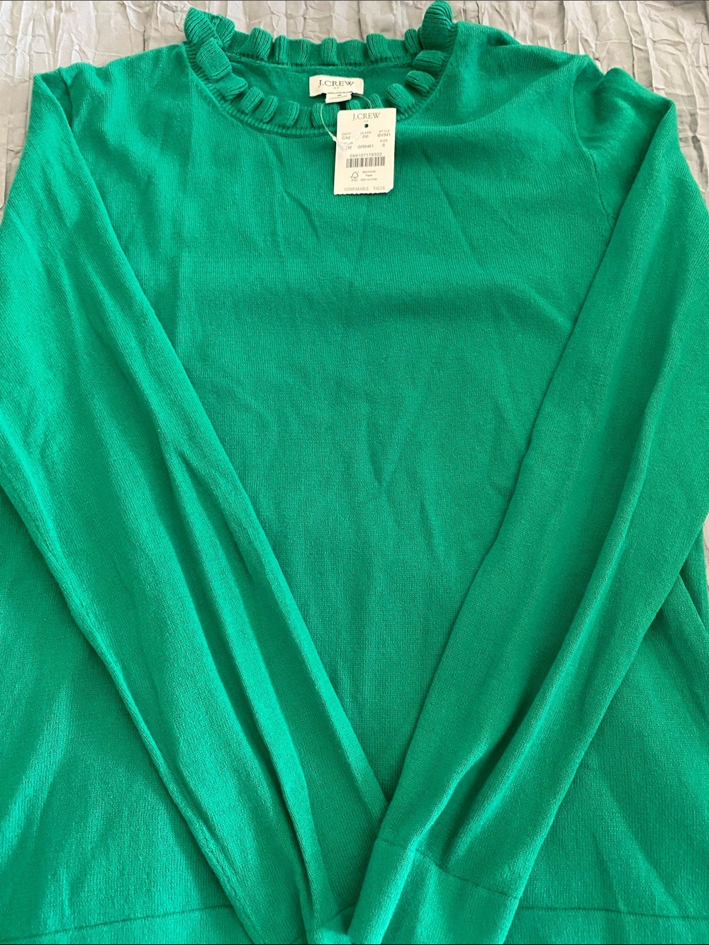 J. Crew Green Ruffle Crewneck Sweater